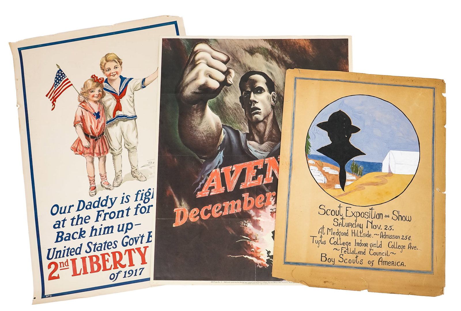 WWI, WWII, BSA Posters: WWI 2nd Liberty Loan poster, WWII "Avenge December 7", early 20th c watercolor BSA Scout Show poster, 18" x 24" to 20" x 30"