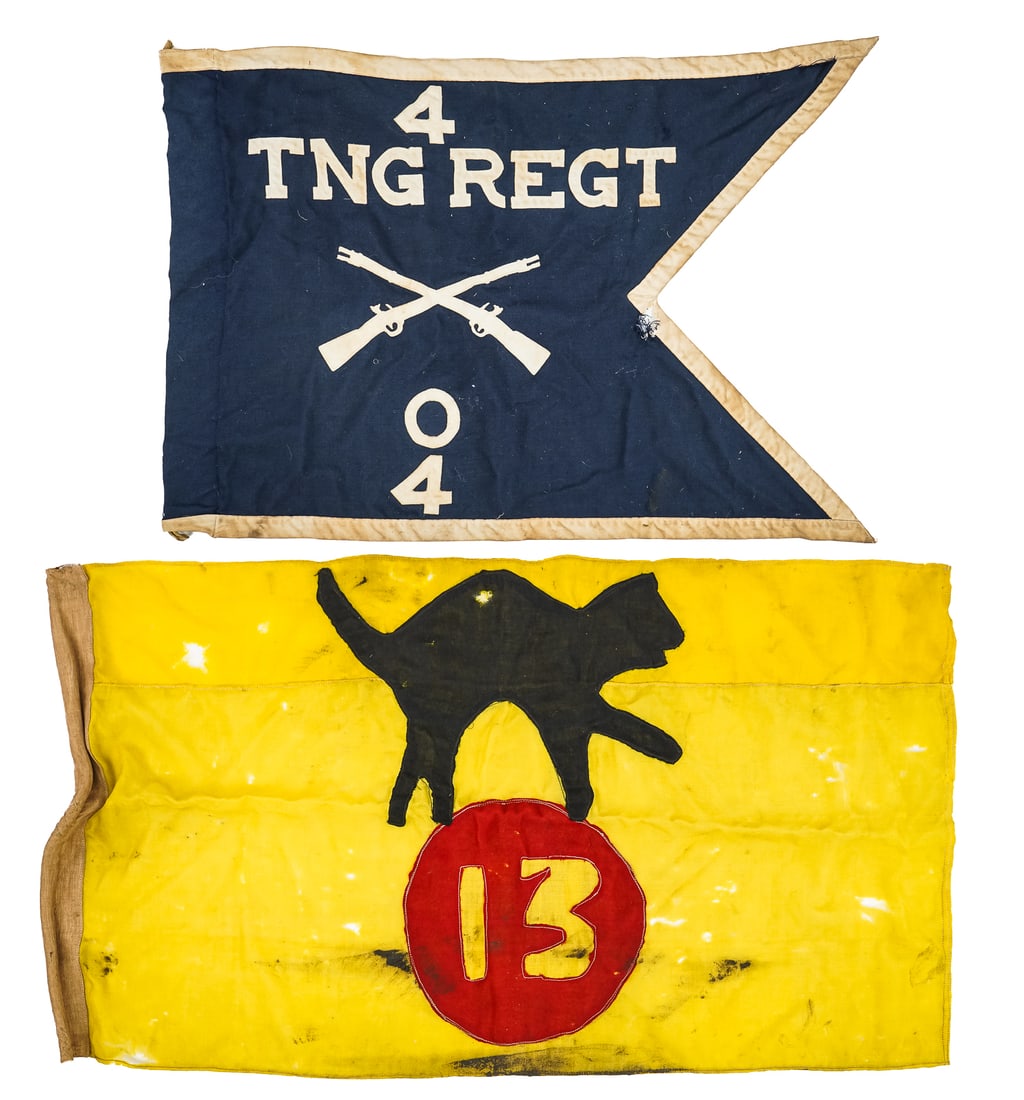 Two WWII Era US Military Banners: Two WWII era US military banners- 04 TNG Regiment, small loss, 21" x 30", Black Cat 13 Ball, rough condition, some staining, holes, 22" x 40"