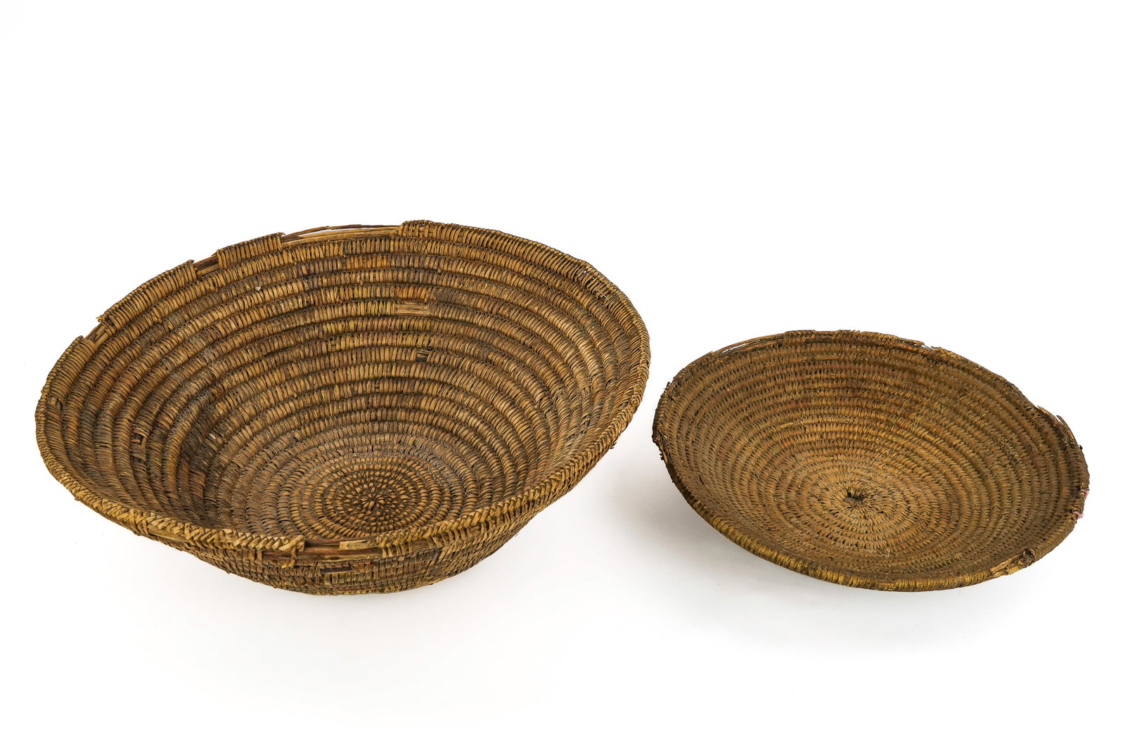 Two Mid 19th c Apache Baskets: Two mid 19th c Apache baskets, diameters 12", 16", both rough condition