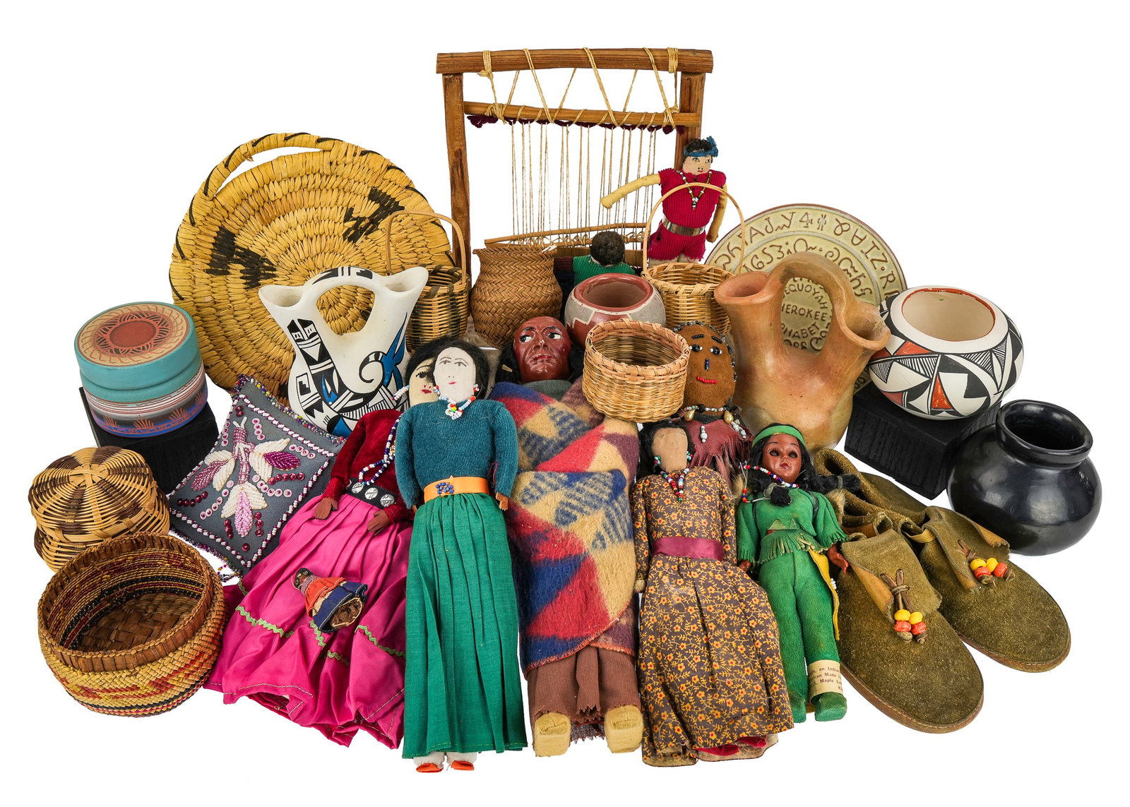 SW Native American Pottery, Baskets, Dolls: Southwestern Native American pottery, baskets, dolls, including Navajo, Cherokee, Acoma, Hopi,, Santa Clara Pueblo, etc