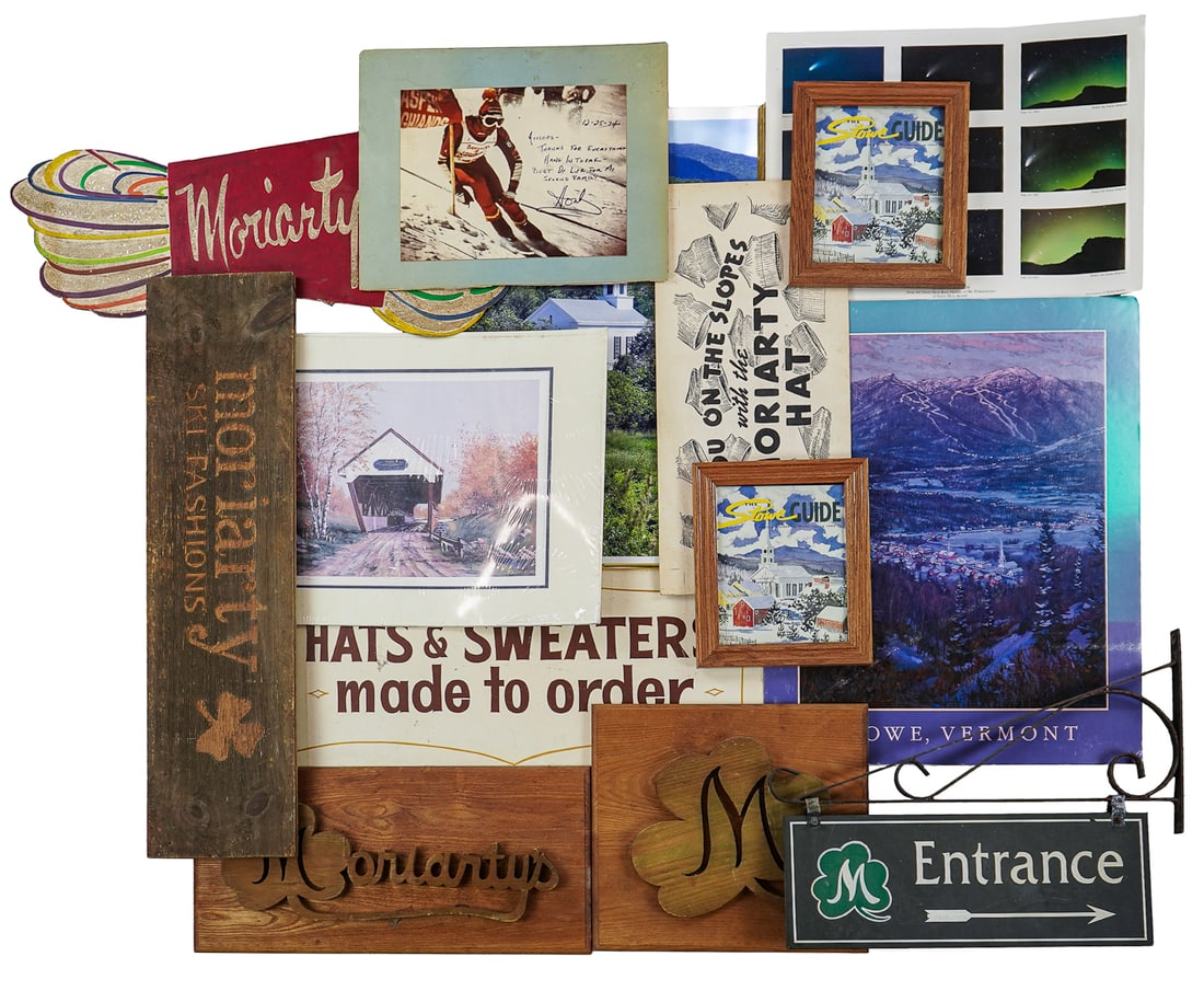 Moriarty's Stowe, VT Early Handmade Signs: Two Moriarty's Stowe, VT Winter Gear store early handmade boxboard signs, sold with a group of 6 later store signs, lengths to 36", along with several Stowe related posters