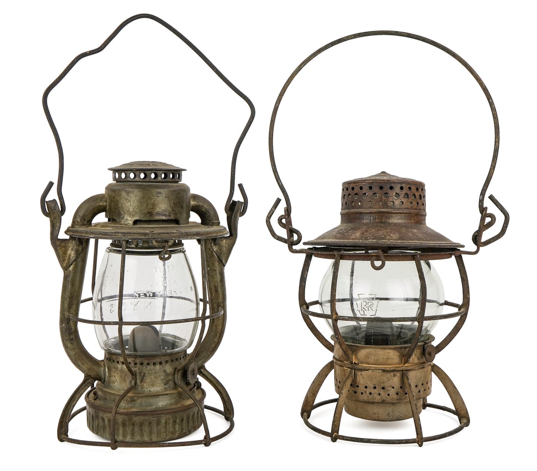 Two Signed Railroad Lanterns: Two Signed Railroad Lanterns- Dietz Vesta NYCS embossed tin and shade, Pennsylvania RR embossed tin, etched shade, hts 9 1/2", 9"