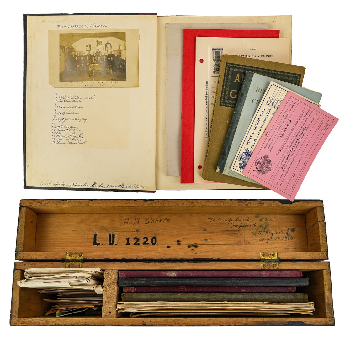 1940's Sons of Union Veterans Archive: 1940's Granville, NY Sons of Union Veterans of the Civil War archive, including account books, Minute Books, Ledgers, application forms, etc, in wooden file case 18" x 10" x 3 1/2"