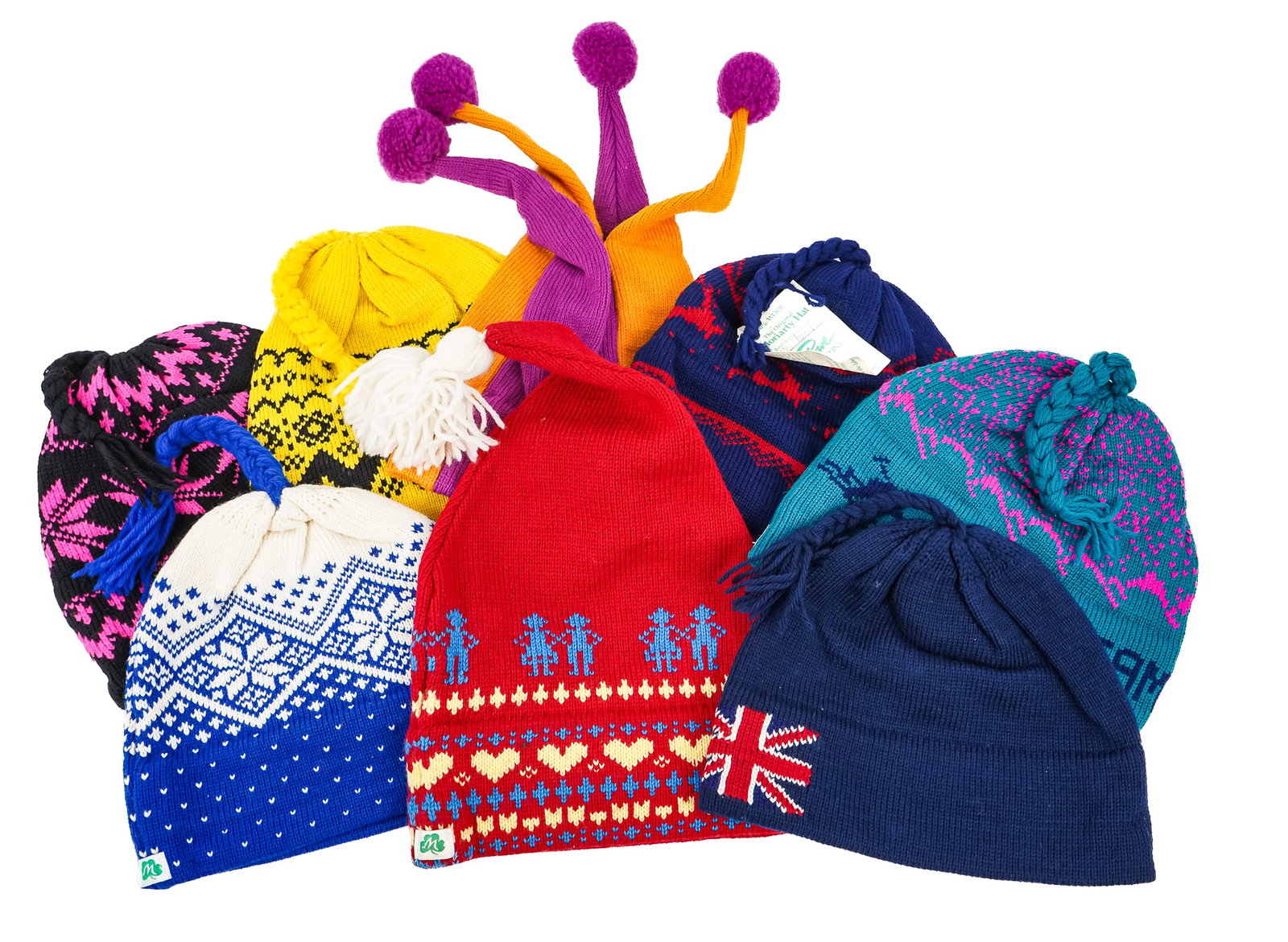 Moriarty of Stowe New Old Stock Hats: Moriarty of Stowe New Old Stock Hats- A lot of Moriarty toques with long tassels, hats with earflaps etc various styles, patterns, including national flags, Snowflakes, Deer engaged in ribald acts etc