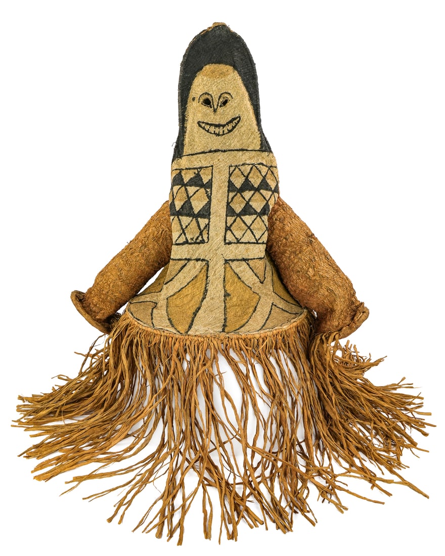 Paupuan Dance costume: 20th c Paupan Dance costume tapa type fabric and natural fibers with painted decoration. 27 x 27 x 15"