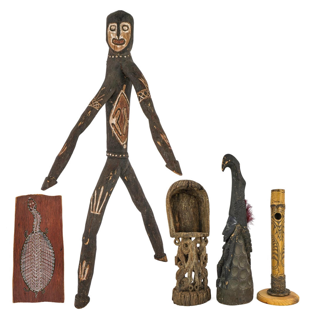 5 Papaun Carvings: 5 Papuan Carvings including a 23" Iatmul house post finial, 20" high Skull bowl ca 1920, Kamake spirit figure 28" long, Australian turtle image, and bamboo pipe