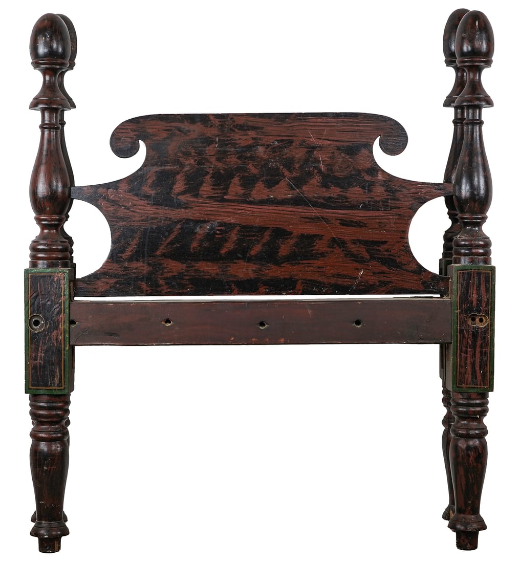 19th c Single bed painted in a Maine Style: 19th c Single bed missing rails later paint in a Maine Style by Rae Harrell (Vermont contemporary) 45 x 40"