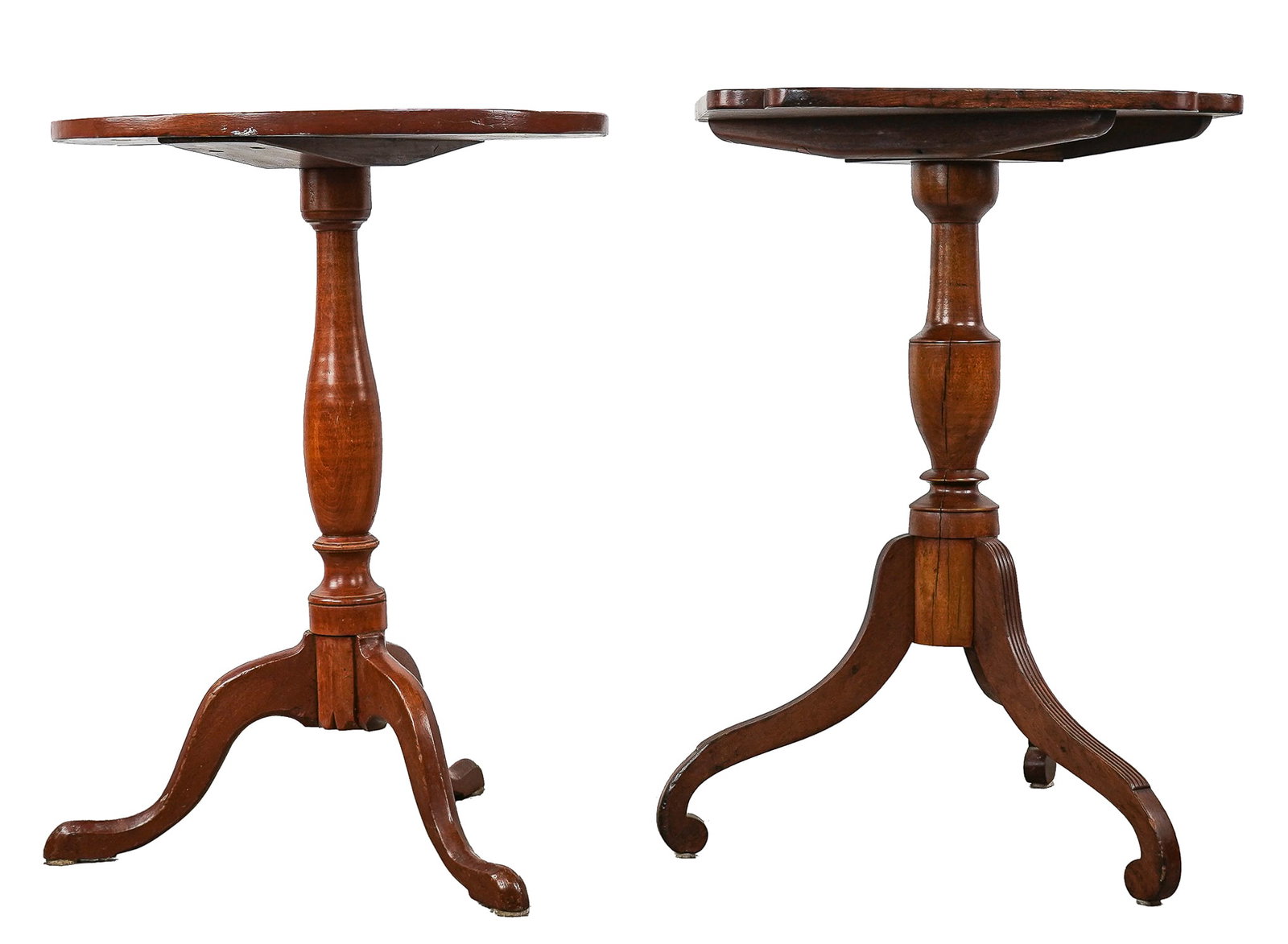 Two 19th c Cherry Candle Stands: Two 19th c Cherry candle stands one with round top 19" diameter one with shaped top- 18" square both 26" tall - minor surface issues, one top reset with pegs-