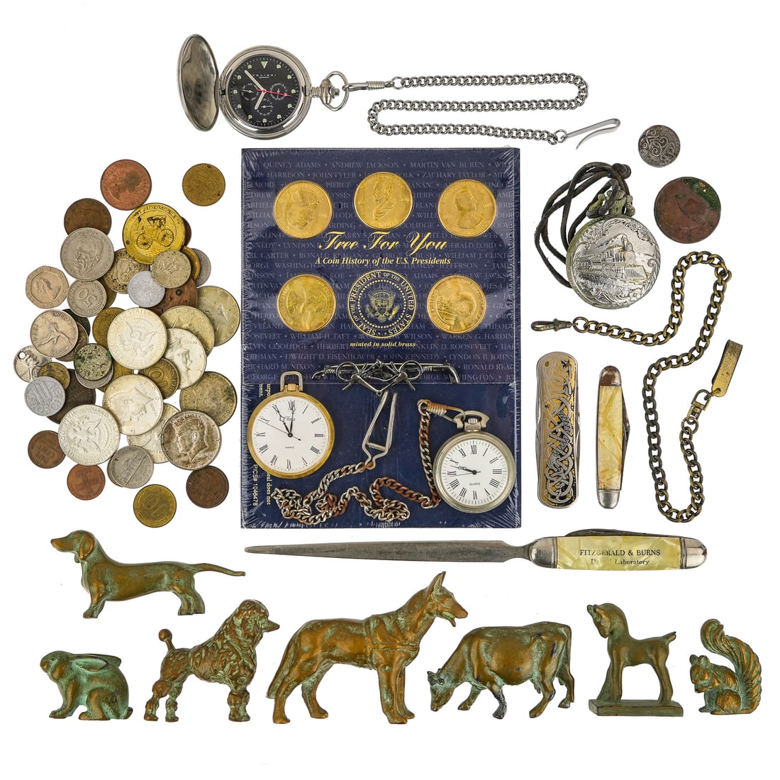 Coins, Pocket watches, Knives and Collectibles: Lot of small collectibles including 6 Kennedy silver half dollars including 1964 (2x), 1965, 1966, 1967 (2x), and 1968 (2x), pocket watches, pocket knives, sterling silver equestrian bar pin, cast met