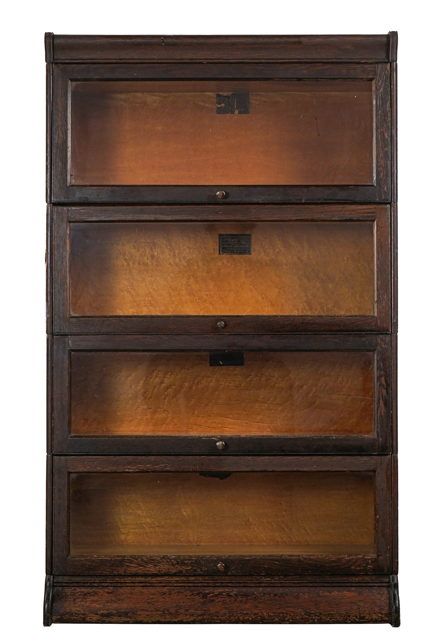 Hale Oak 4 Section Barrister Bookcase: ca. 1900 Hale Camden NY 4 section oak barrister bookcase in original finish, ogee top and base 57.5" x 34" -some wear to finish, imperfections