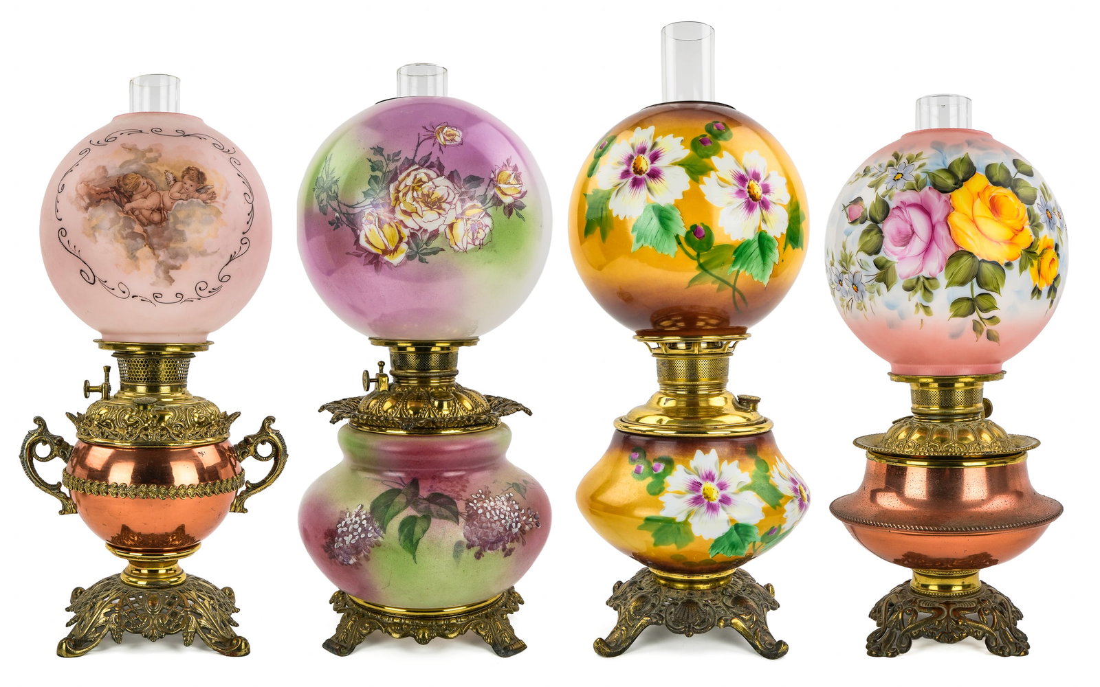 4 Gone With The Wind Type Astral Lamps: Group of 4 "Gone With The Wind" type astral parlor kerosene oil lamps with floral and transfer decorated opaline shades, two having brass and copper bases, all electrified for modern day use. ht. 20"-