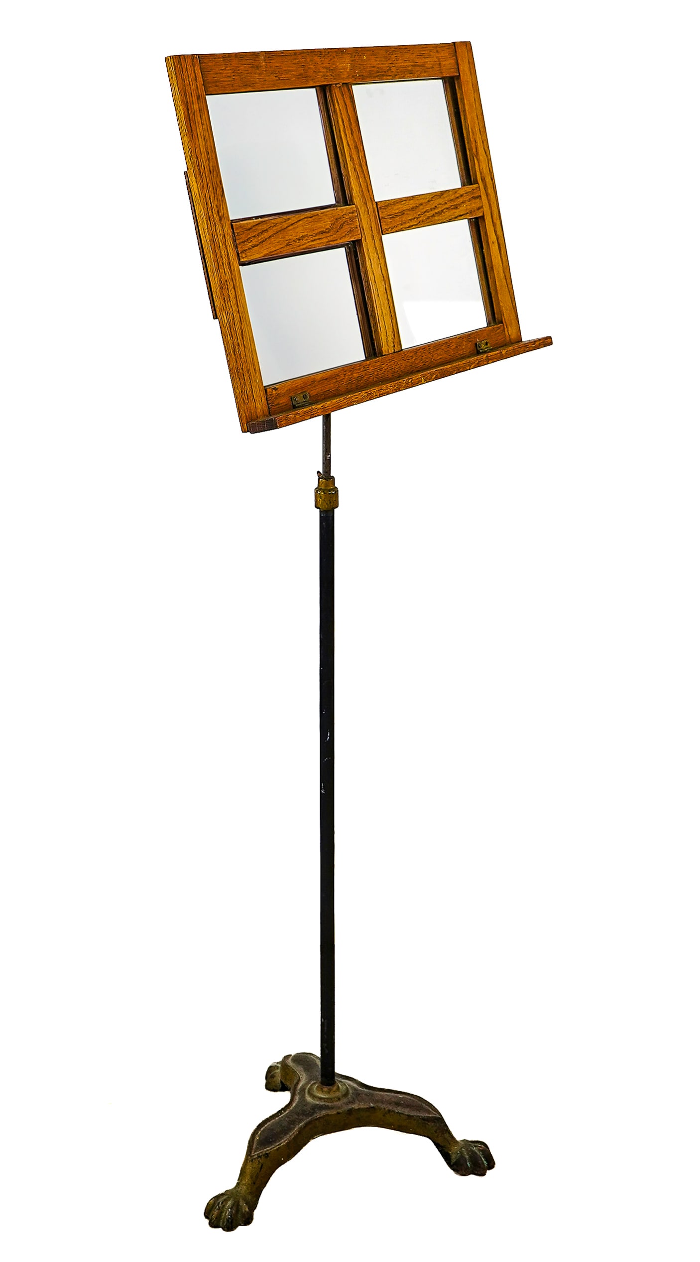ca. 1900 Cast Iron and Oak Music Stand: ca. 1900 oak frame musican's sheet music stand having cast iron claw foot tripod base, gilt accents, adjustable frame modified with a mirror back 50" x 20"