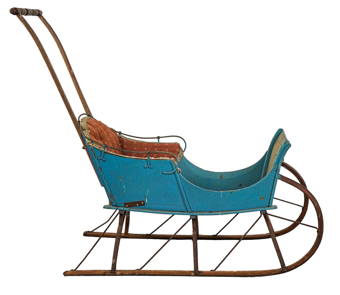 Late 19th c Push Sled in Blue Paint: Late 19th c push sled in later blue paint, red upholstery, length 46", ht 38", width 17"