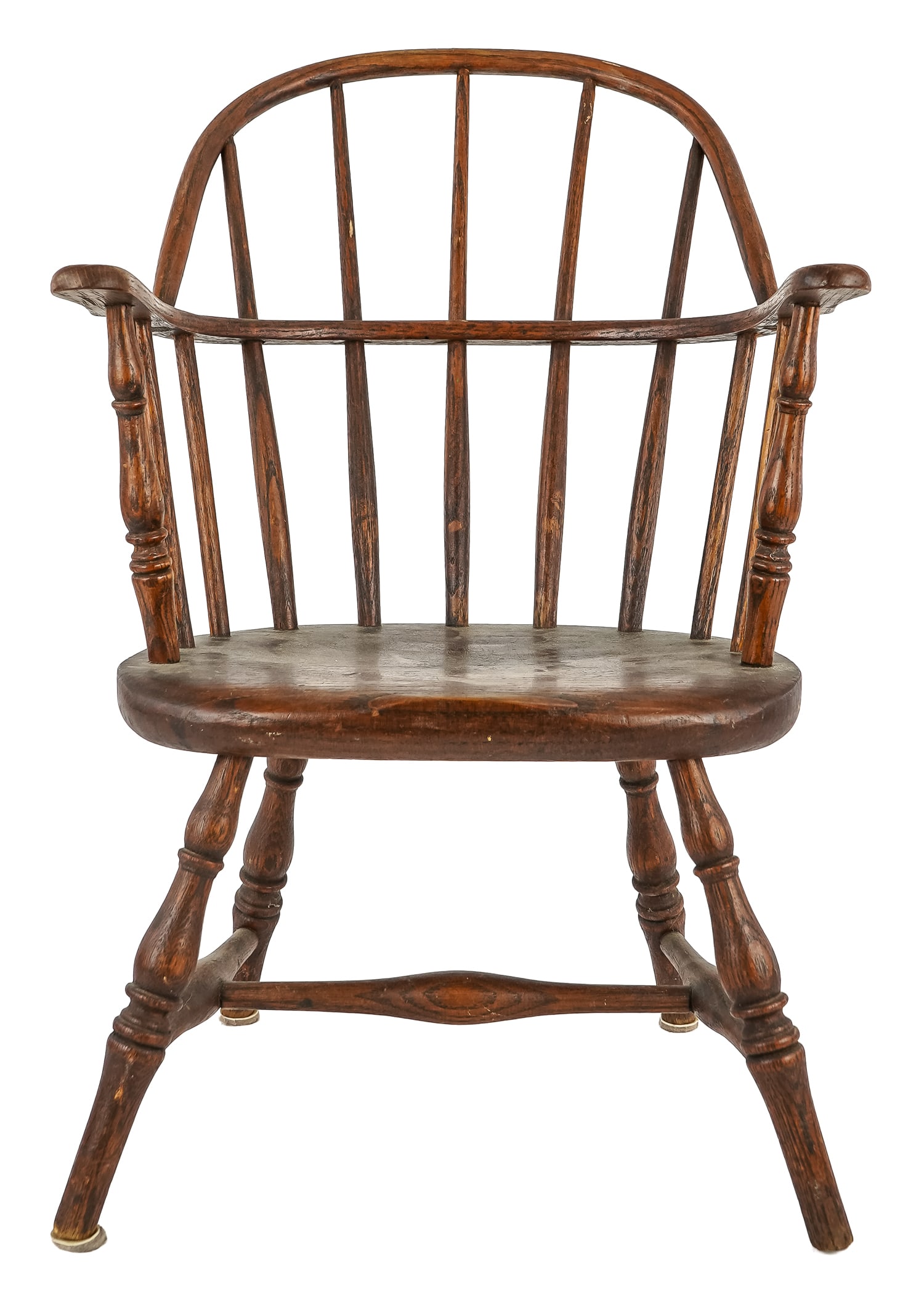 Christmas 1894 Burlington, VT Child's Windsor: Diminutive bench-made child's 19th c. ash or oak sack back Windsor armchair, signed under seat "H.E. Robbins Burlington, VT" embossed under seat "12-25-1894" (Christmas 1894) 22.5" x 15" in old finish