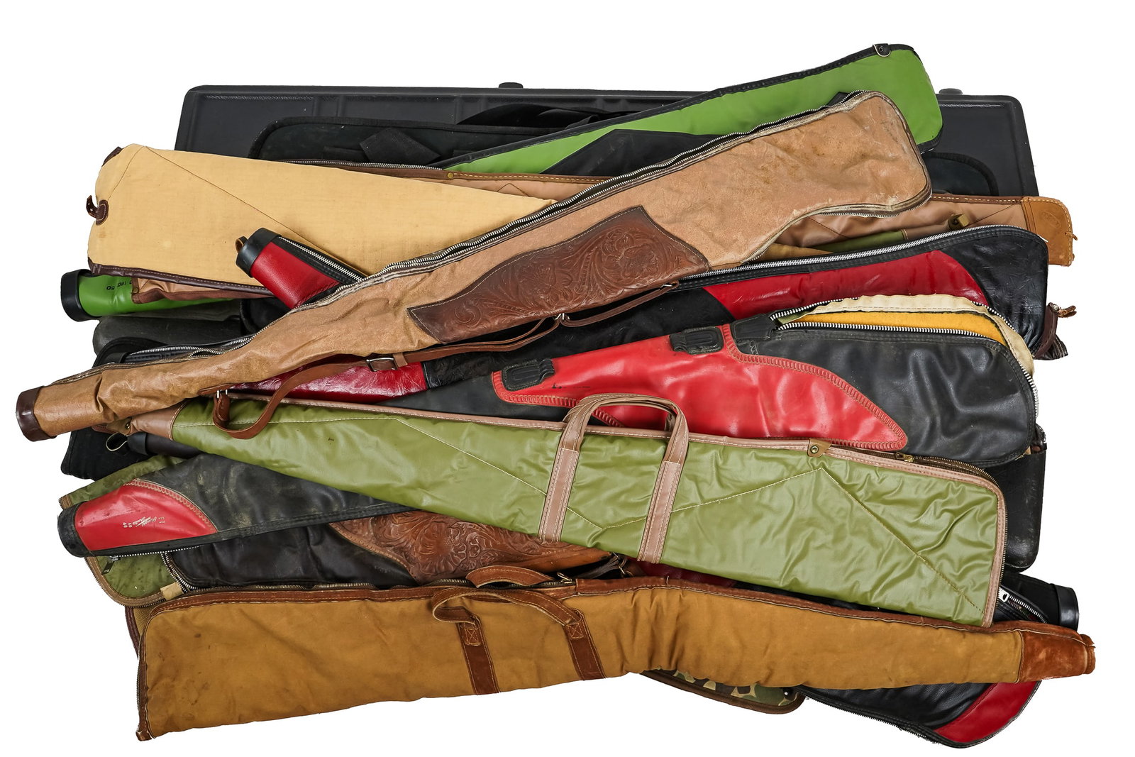 Large Lot of Gun Cases: Large Group of Vintage gun cases and bags dating from 1950's thrugh the late 20th c., incl. vinyl, leatherette, canvas, tooled leather, camoflauge, hardshell plastic, etc.
