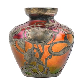 Loetz Sterling Overlay Iridescent Art Glass Vase