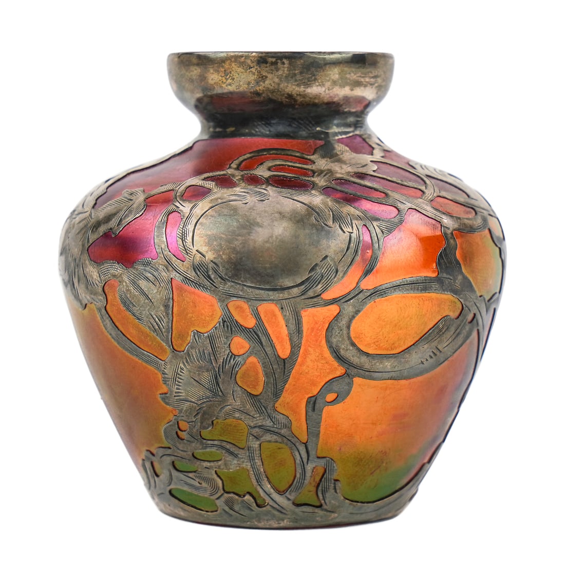 Loetz Sterling Overlay Iridescent Art Glass Vase: Loetz Austria amethyst iridescent art glass vase having Art Nouveau sterling overlay decoration 2.75" x 3"