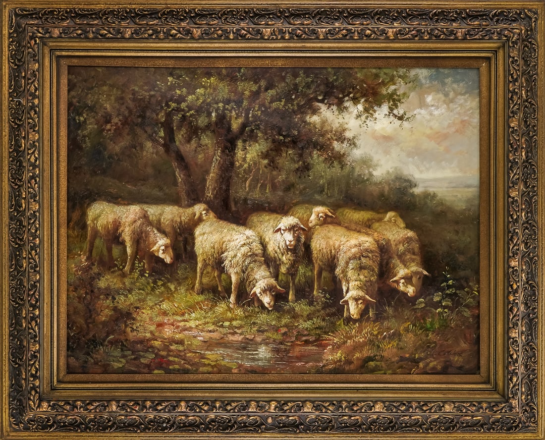G Cotner (AM 20th c) Pastoral with Sheep: G Cotner (American 20th c ) Pastoral with sheep oil on canvas 30 x 40" 42 x 51" as framed