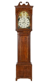 Early 19th c Tall case clock with Mahogany case and Vibrantly decorated dial