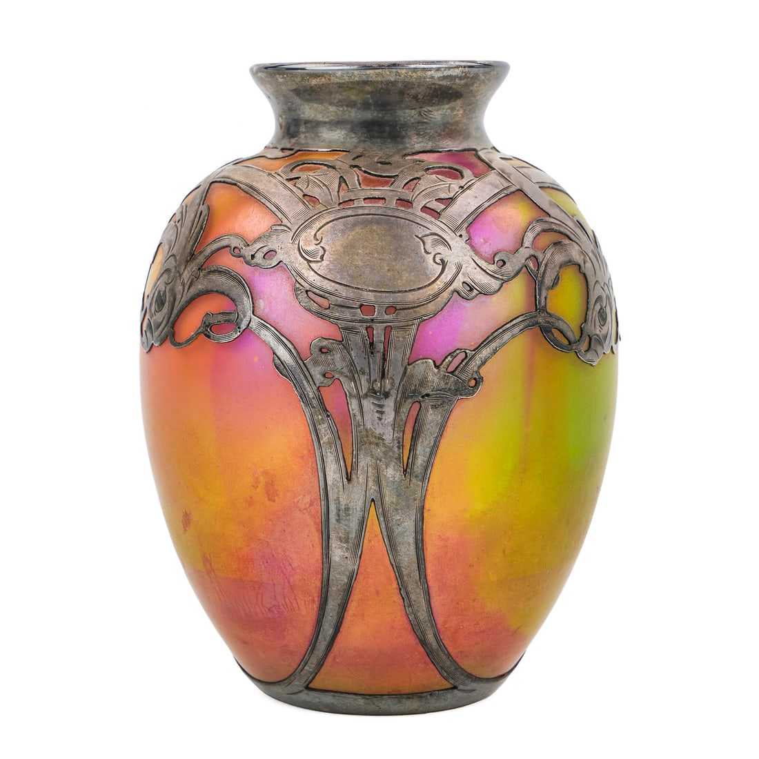 Loetz Sterling Overlay Iridescent Art Glass Vase: Loetz Austrian iridescent rainbow cased art glass vase having Art Nouveau sterling overlay decoration 5.25" x 4"