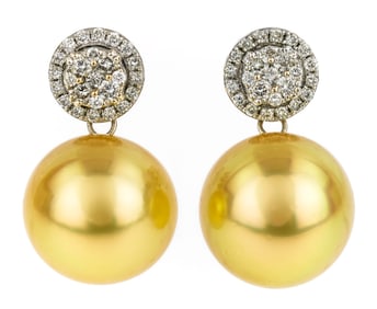 Golden South Sea Pearl & Diamond Earrings