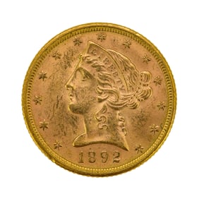 1892 US $5 Half Eagle Gold Coin