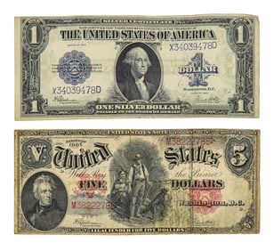 1907 US $5 Woodchopper, 1923 US $1 Silver Certificate