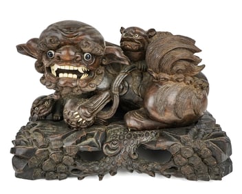 19th c Japanese Carved Rosewood Foo Dog