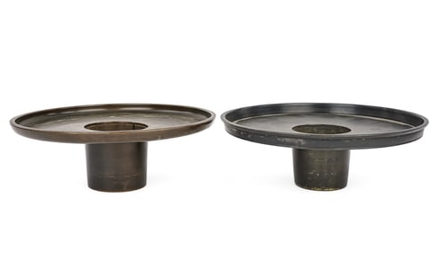 19th c Japanese Bronze Disc Shape Ikebana Vases