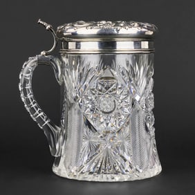 American Brilliant Cut Glass Sterling Lidded Jug
