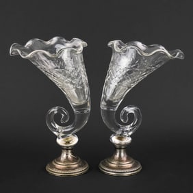 Pairpoint Cornucopia Glass and Sterling Vases