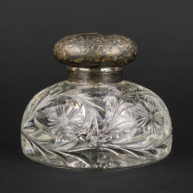 Sterling and Floral Cut Glass Inkwell