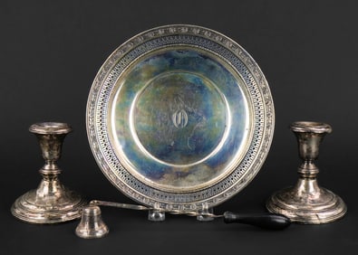 Sterling Dish, Candlesticks and Candle snuffer