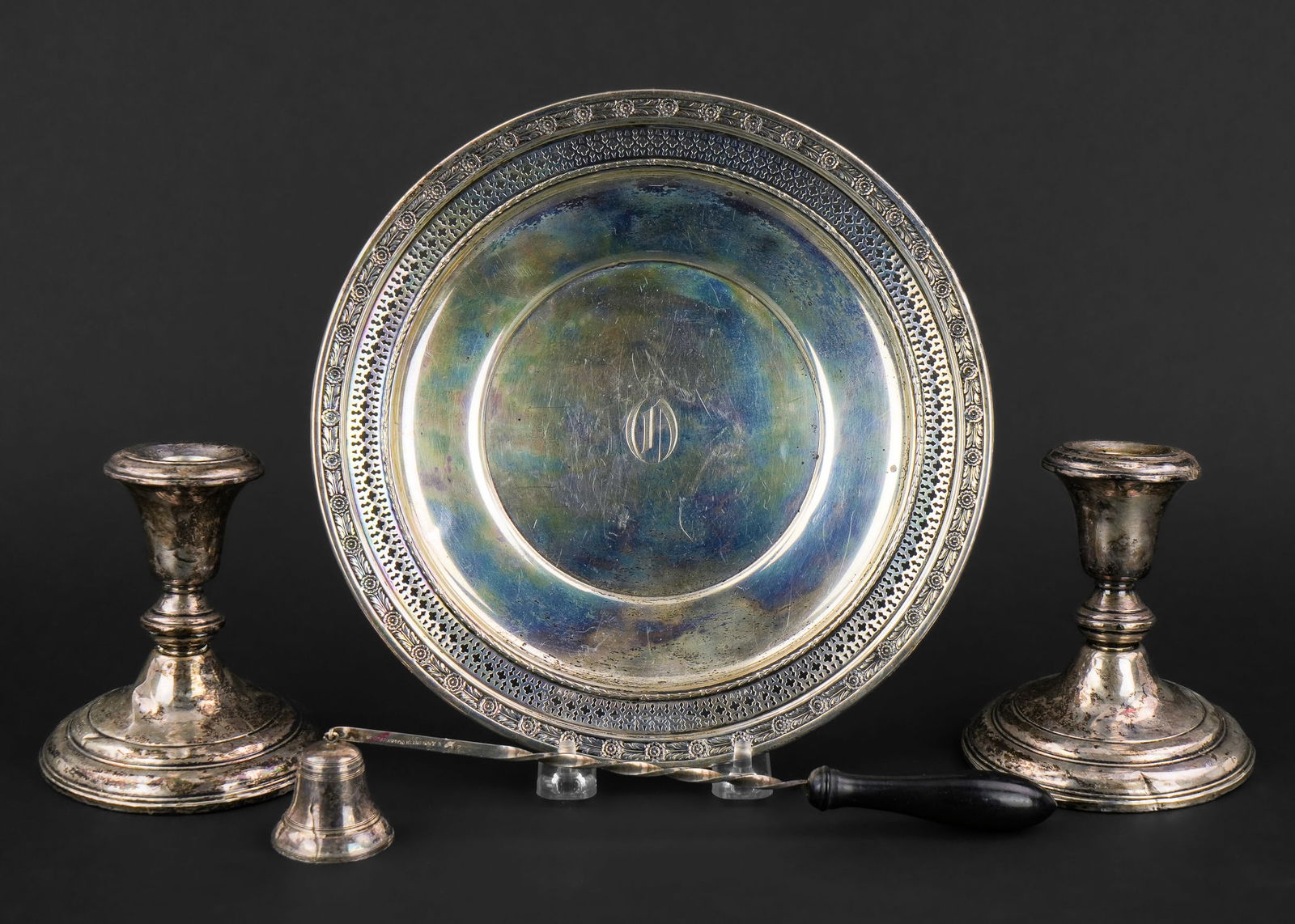 Sterling Dish, Candlesticks and Candle snuffer (1 of 4)