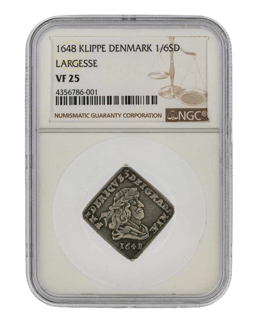 1648 Klippe Denmark 1/6 sd Largesse: 1648 Klippe Denmark 1/6 speciedaler, NGC VF 25 , in NGC case. Sold to benefit The Ukraine Crisis Aid Group