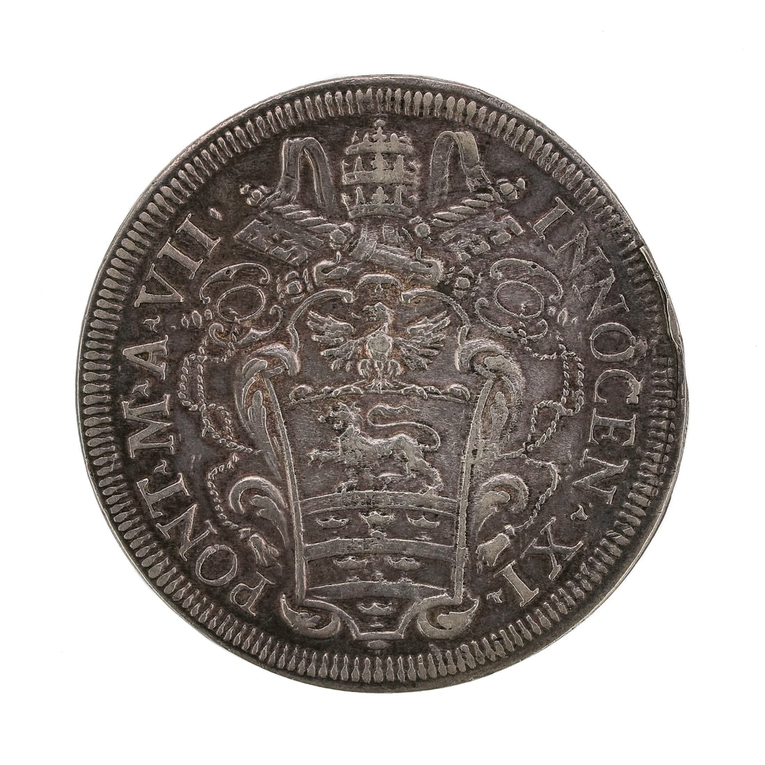 1682 Italian States Pope Innocent X 1/2 Piastre: 1682 Italian States Pope Innocent X 1/2 Piastre, with motto "Avarus Non Implebitvr" (The avaricious will not be satisfied), diameter 1 3/8"Sold to benefit The Ukraine Crisis Aid Group