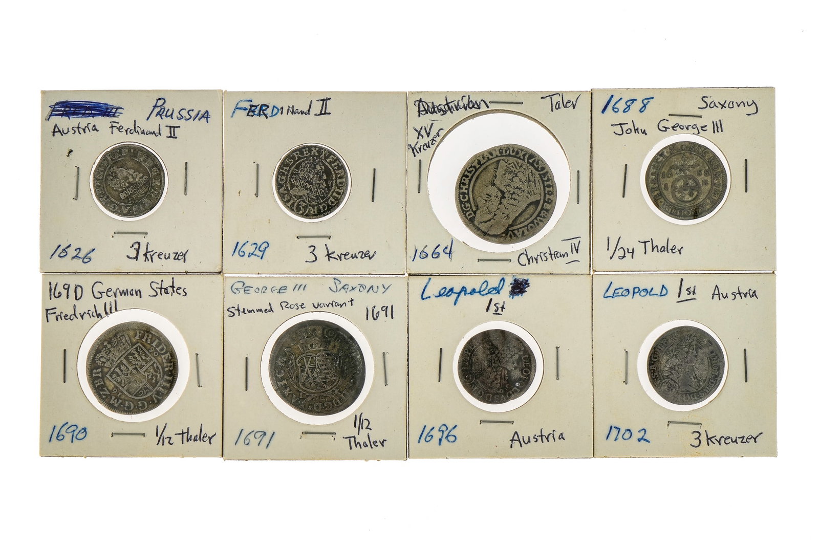 1626-1702 German States Silver Thalers, Kreuzers: 1626-1702 German States Silver 1/12, 1/24 Thalers, 3 Kreuzers, XV Kreuzer (8 pcs)Sold to benefit The Ukraine Crisis Aid Group