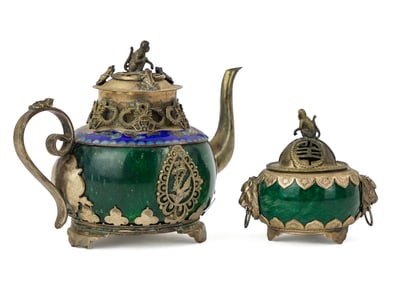 Tibetan Jade, Silver, Cloisonné Incense, Teapot