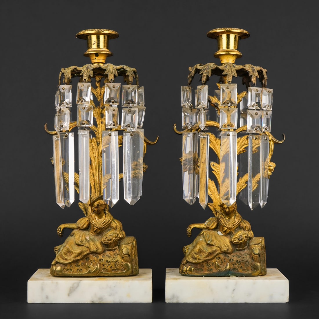 Victorian Gilt Brass Girandole Candlesticks: Victorian Gilt Brass Girandole candlesticks with prisms, ht 12"