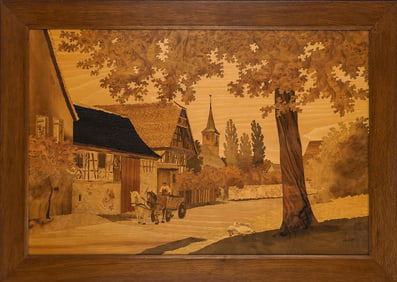 Charles Spindler (FR 1865-1938) Marquetry inlaid village scene