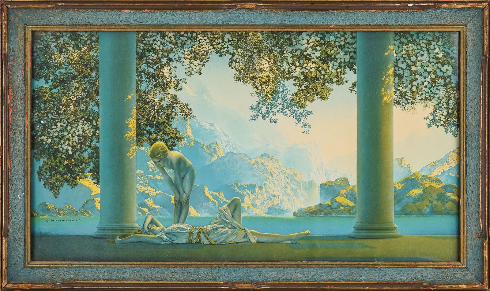 Maxfield Parrish (AM 1866-1970) Daybreak: Maxfield (American 1866-1970) Daybreak - chromolithograph on paper published by House of Art NY 9.5 x 17.5" 12 x 20" as framed.