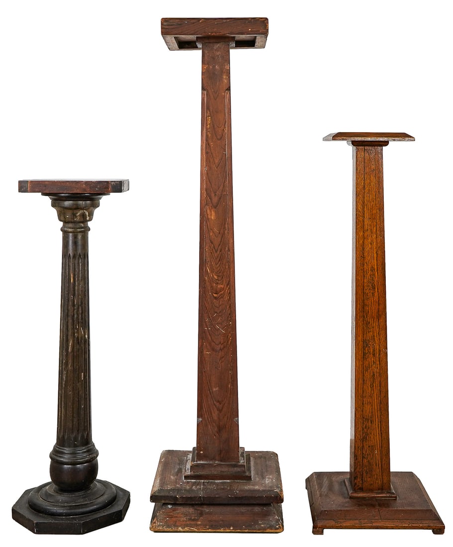 Three plinths or fern stands: Three plinths or fern stands in Mahogany 33 x 10 x 10" , oak 39 x 12 x 12" and pine 49 x 10 x 10"