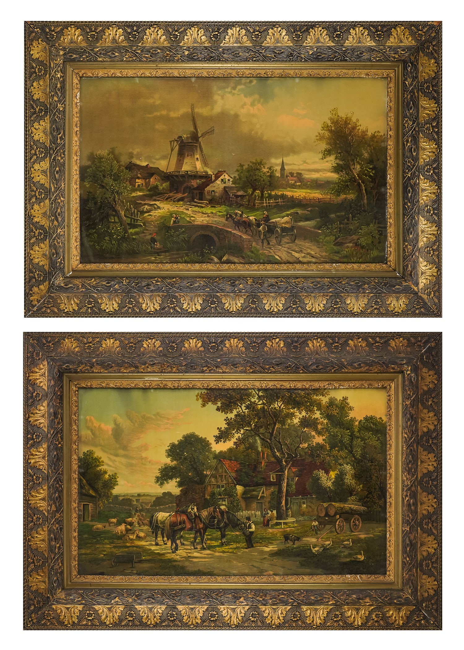 Pair of Chromolithographs in resplendent frames: Pair of Chromolithographs with romantic scenes in Resplendent patinated frames, Opening 22 x 36" 34 x 48" outer dimensions.