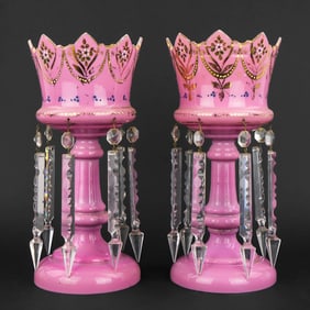 Pair of Pink Bohemian Glass Mantle Lusters