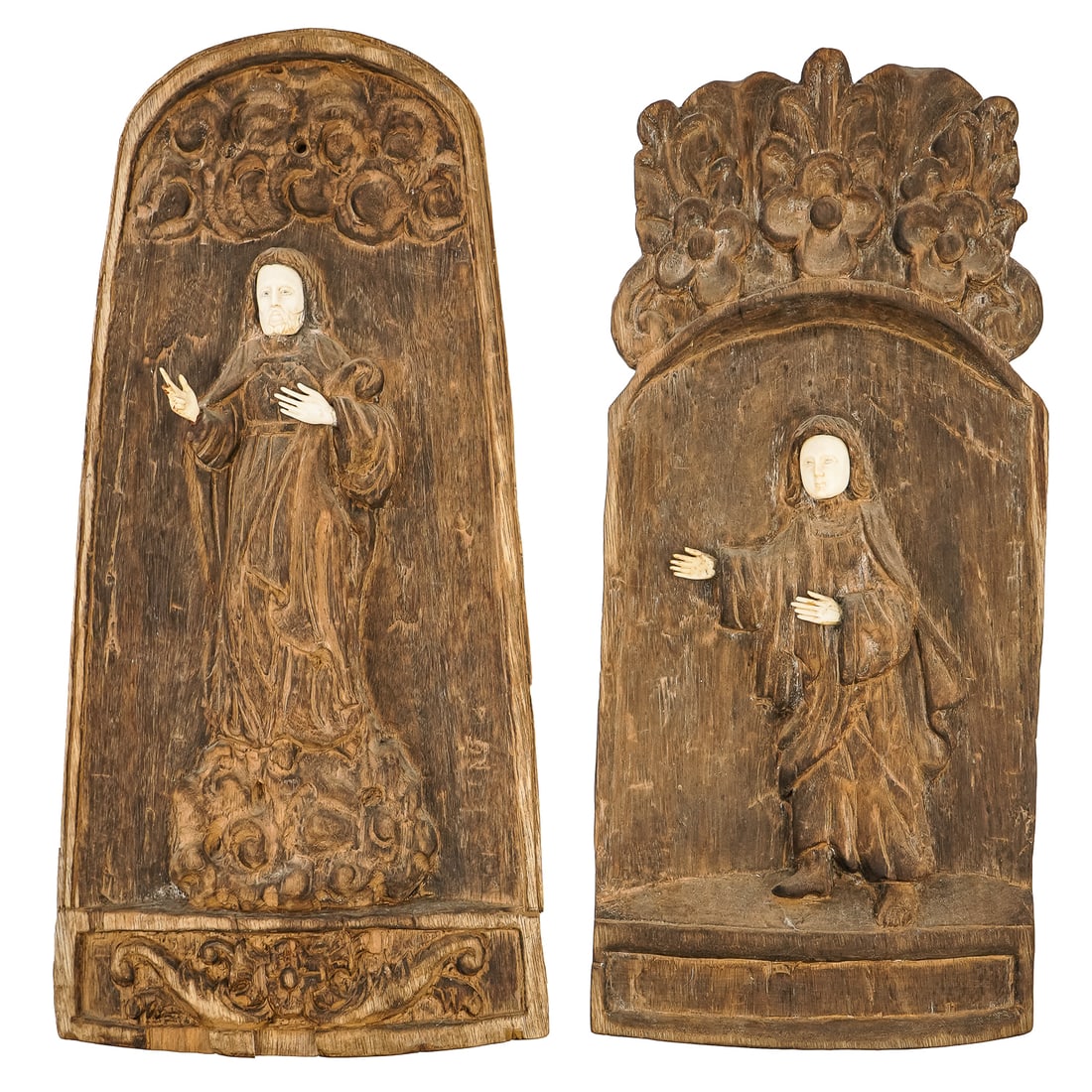 Two Carved Wooden Panels Representing Saints: Two Carved Wooden Panels Representing Saints of the Catholic Church, hts 21", 22"