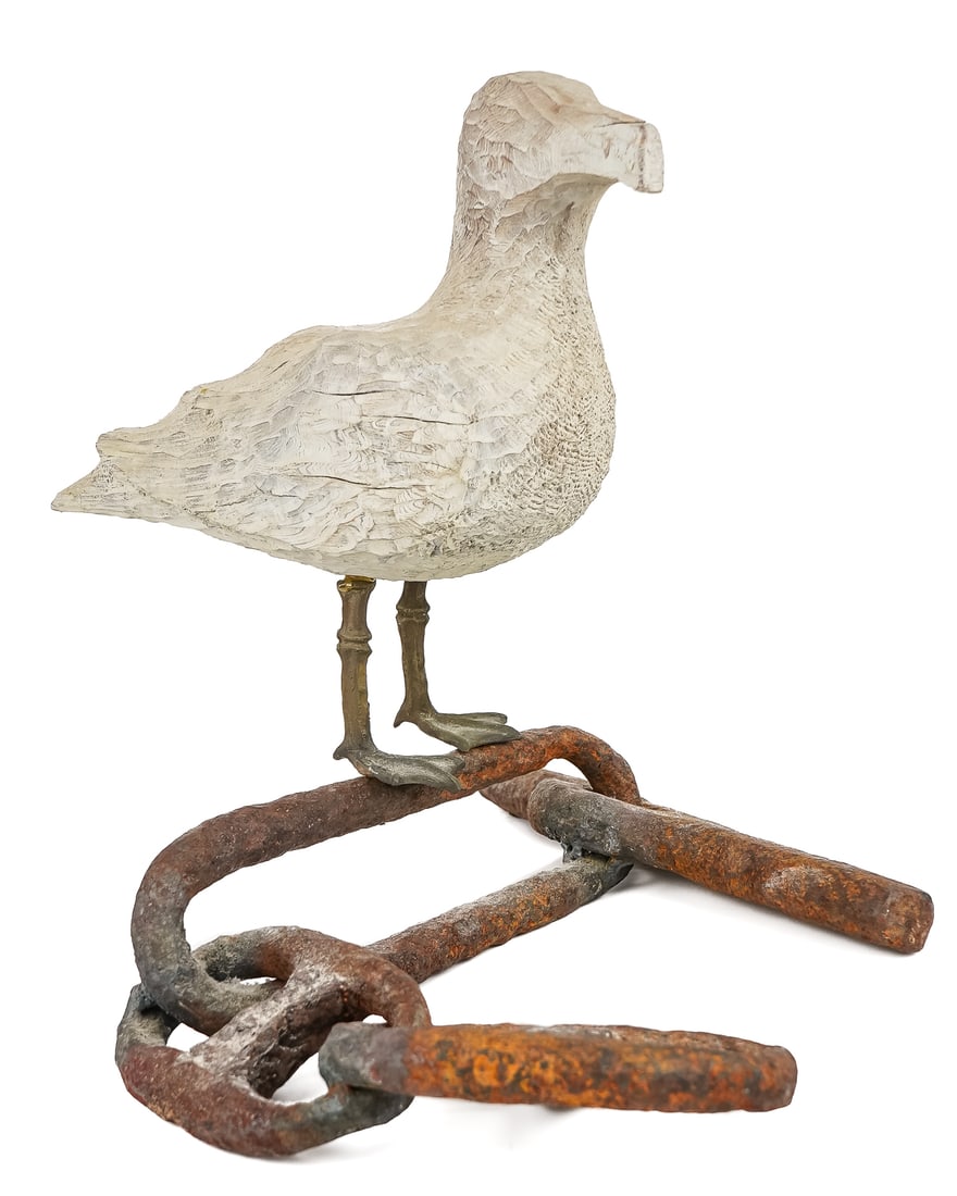 Mixed Media Sculpture of a Sea Bird: Mixed Media Sculpture of a Sea Bird mounted on anchor chain, carved wood, cast bronze, welded steel chains, ht 14", longest length 19"