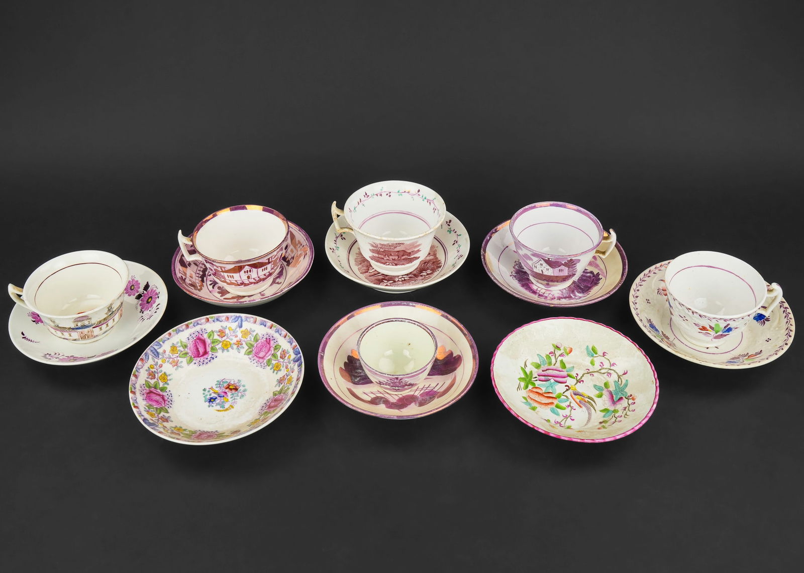 Collection of Pink Lusterware Teacups and Saucers: Collection of early/mid 19th c. pink lusterware decorated porcelain tea cups and saucers, including Prince Albert and Queen Victoria commemorative cup and saucer set, transfer decorated, free hand pol