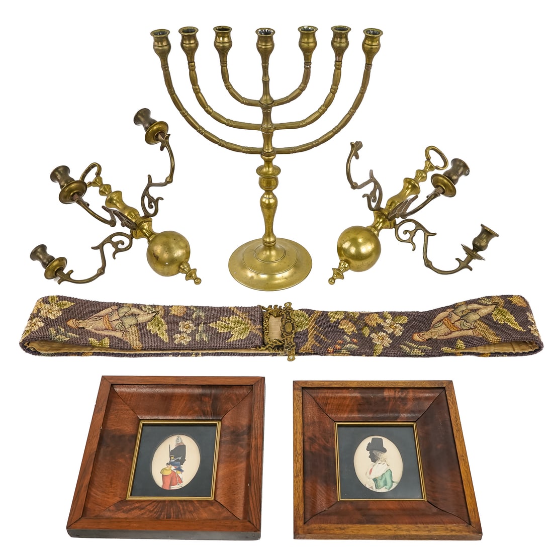 Brass Menorah, Candle Sconces, Bell Pull, Silhouettes: 19th c Judaica brass menorah (ht 17"), pr of brass double wall sconces, Victorian brass &needlework bell pull, pr of hand colored printed silhouettes in mahogany frames