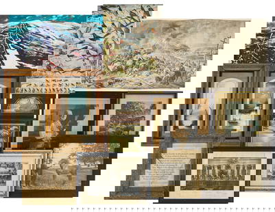 Art, Prints, and Photos: A group of art including a pair of Chandler pastel landscapes, Large Wallace Nutting hand colored photo. Oak Arts & Crafts frame with large photo of man and horse. Arm & Hammer Soda song bird lithogra