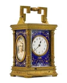 French Aiguille Enamel Decorated Carriage Clock